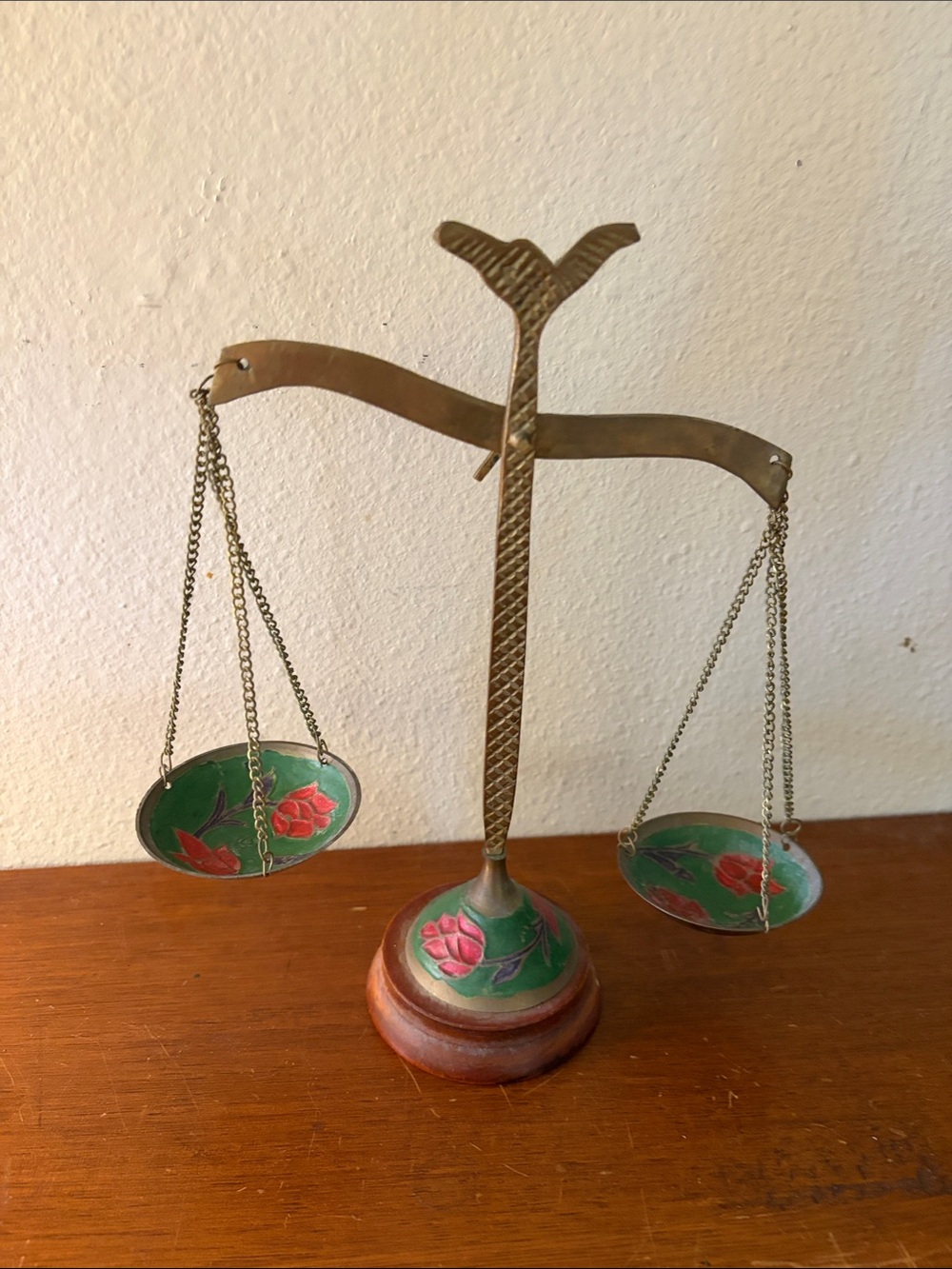 Decorative Brass Balance Scale with Hand-Painted Green and Red Bowls